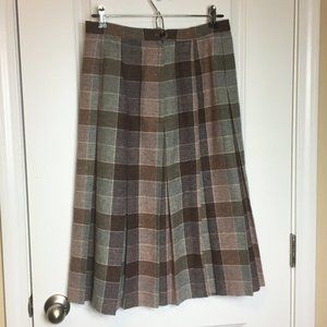 Vintage Grey Plaid Pleated Wool Midi Skirt Size 14